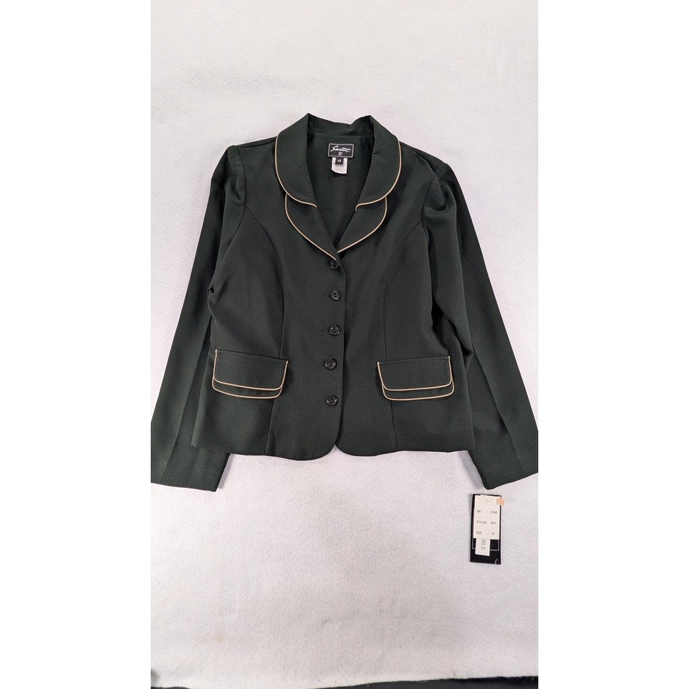 Sweet Suit Vintage Dark Green Button Front Blazer Jacket Tan Piping Size 14